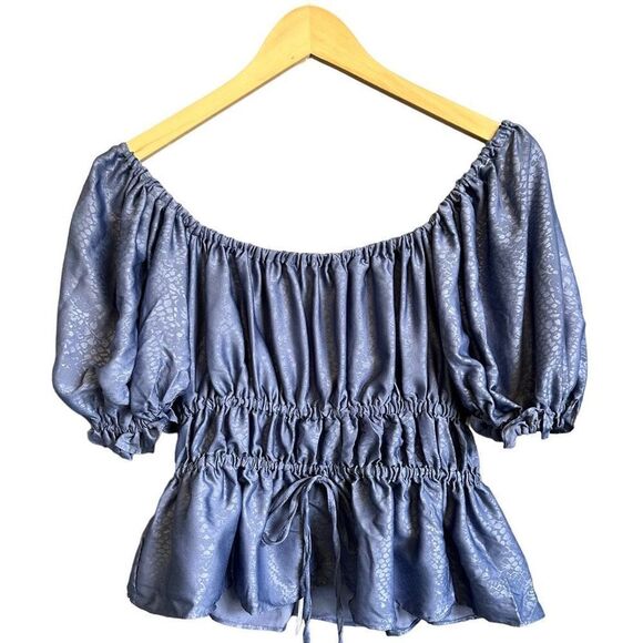 NSR Smocked Puff Sleeve Tie Front Off Shoulder Peplum Peasant Blouse - Picture 1 of 10